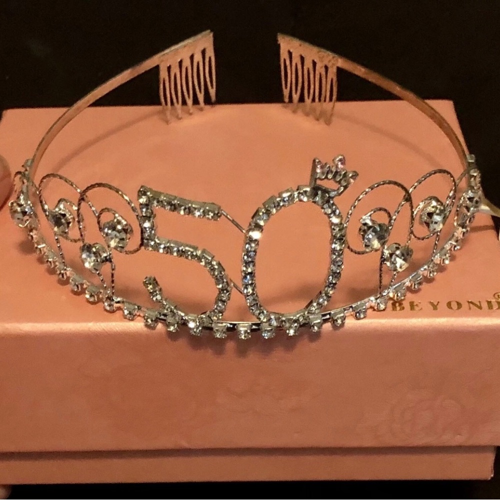 Rhinestone '50' Birthday Tiara, Cake Topper & TWO T-shirts (See Description)